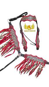 Ensemble de sellerie western haut de gamme en cuir naturel souple, motif guépard rouge, avec têtière et collier de poitrine, logo personnalisé, design personnalisable - Product Image 2