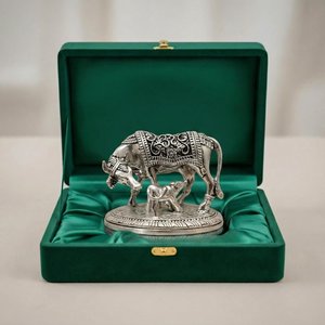 Silver Plated Kamdhenu Cow with Calf Idol-Auspicious Vastu Home Decor for Pooja Room and <b>Mandir</b> - Product Image 1