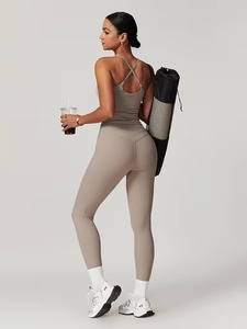 Two Piece Summer Lightweight Fitness Outfit V-neck Crop Tank <b>Top</b> Soft Naked Feel <b>Compression</b> Running Tights Activewear - Product Image 3