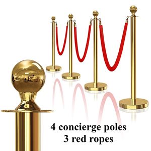 Set di montanti per il controllo della folla in 4 pezzi con corda di velluto rosso e cima a sfera con barriera in acciaio inossidabile per fiere - Product Image 2