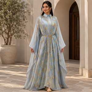 Abaya Modeste Islamique pour Femmes Adultes Bleu Ciel Imprimé Doré Col Montant Longueur Ras du Sol Manches Longues Ceinture à la Taille Polyester Texturé - Product Image 1