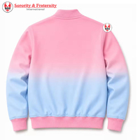 Jaket Varsity Satin Kontras Pink Biru Muda Wanita Gamma Phi Delta dengan Kancing Tekan di Depan, Kerah dan Manset Rajut, Pakaian Kampus