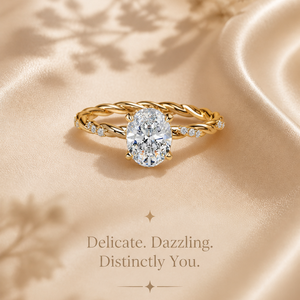 Bague de fiançailles en or jaune avec diamant moissanite ovale taillé en bande torsadée 1 CTW |   Bague de Mariage Solitaire Élégante pour Femme - Product Image 1