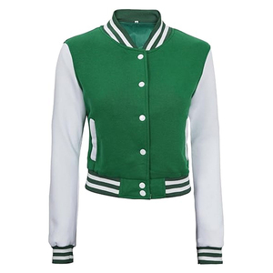 Women's Premium Quality Green White Varsity <b>Jacket</b> Full Sleeve Turn-down Collar Polyester Material Short Length Autumn Style - Product Image 2