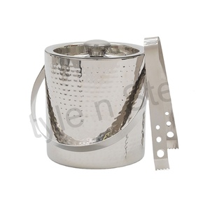 Cubo de hielo de doble pared de acero inoxidable martillado con pinzas, soporte para champán, cubo de hielo de cerveza de acero inoxidable recto - Product Image 1