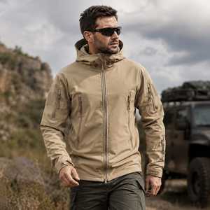 Veste softshell à capuche pour homme, coupe-vent, hydrofuge, style vêtements de travail d'extérieur, coupe régulière, fermeture éclair, couleur beige - Product Image 4