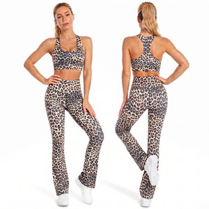 Ensemble de yoga imprimé pour femme, vente en gros, avec soutien-gorge dos nageur et leggings évasés taille haute, en Spandex et Polyester, ensemble 2 pièces pour l'entraînement - Product Image 4