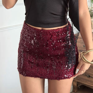 Jupe mini moulante rouge à sequins taille naturelle, écologique, pour soirée et club, vente chaude en gros pour femmes - Product Image 4