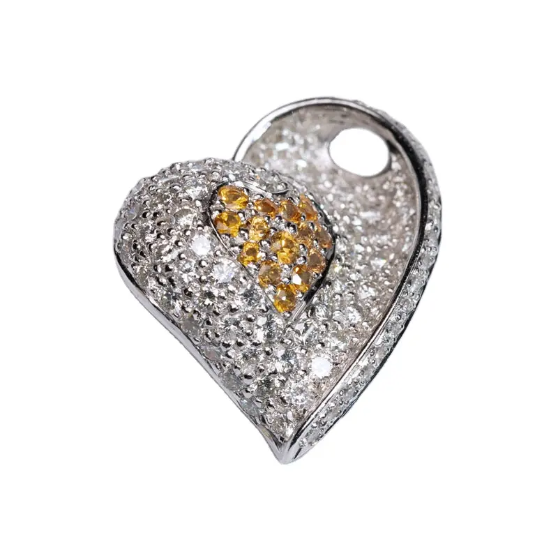 Classic Statement Breathtaking 18K White Gold Yellow Sapphire Diamond Tilted Double Heart Pendant for Women