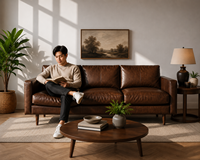 Modernes Quadratisches Minimalistisches Holzrahmen 3-Sitzer-Sofa Premium Echtleder Schul- Park- Keller-Ledersofa