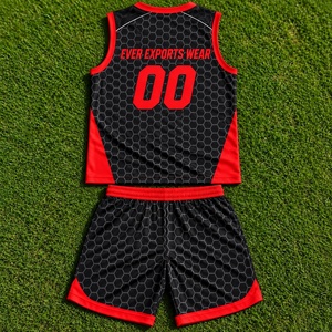 Ensemble d'uniformes de basketball sublimés personnalisés, maillot sans manches col en V et short rouge et noir, kit d'entraînement pour adultes. - Product Image 2