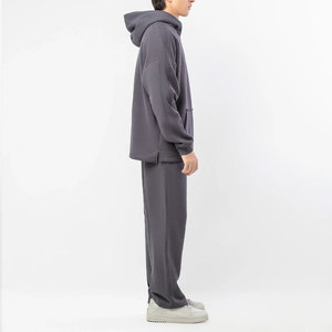Ensemble de survêtement streetwear gris à capuche pour homme, pantalon de survêtement long et sweat-shirt, couleur unie, coupe décontractée, 100 % coton, hiver - Product Image 3