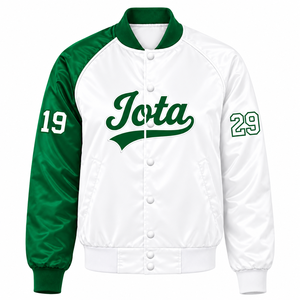 Veste universitaire en satin contrastant vert et blanc pour femmes de la sororité Iota Phi Lambda, avec boutons-pression sur le devant, col et poignets en tricot côtelé, style universitaire - Product Image 3