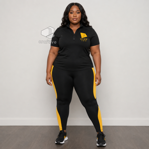 NCBW <b>Women's</b> Workout Set <b>Quarter</b> <b>Zip</b> Top Short Sleeve High Waist Leggings With Contrast Golden Stripe Sports Activewear Set - Product Image 6