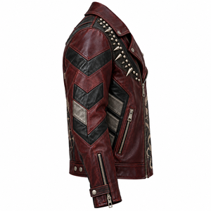 Chaqueta de Cuero con Tachuelas Personalizada para Hombre, Chaqueta de Motociclista con Estampado Gráfico, Abrigo Gótico Vintage Color Granate, Prenda Exterior de Cuero Vacuno Auténtico OEM - Product Image 3