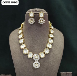 Luxury Gold Finish Round Brilliant Cut Crystal White <b>Statement</b> <b>Necklace</b> Set with Matching Earrings for Women Wedding Party - Product Image 1