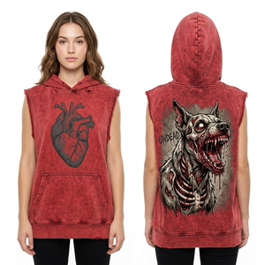 Hoodie sans manches rouge délavé pour femme, coupe muscle, bords bruts, avec imprimé chien zombie et cœur anatomique sur le devant - Product Image 1