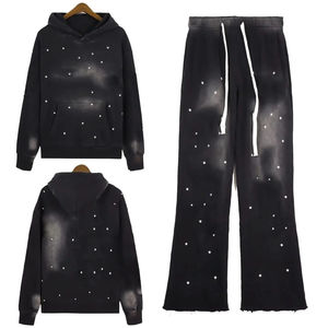Conjunto Deportivo Unisex con Capucha y Estampado de Estrellas Negras, Manga Larga, Corte Holgado, Informal, para Otoño, con Pantalones con Cordón y Bolsillos Laterales - Product Image 1