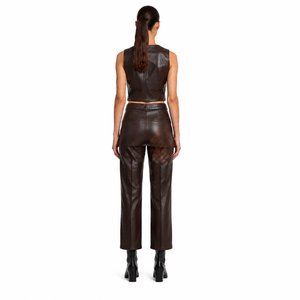 Pantalones Casuales de Mujer, Diseño Personalizado OEM, Tela de PU Elástica, Cintura Alta, Cierre de Cremallera, Pierna Recta, Largos, Color Marrón Espresso - Product Image 2