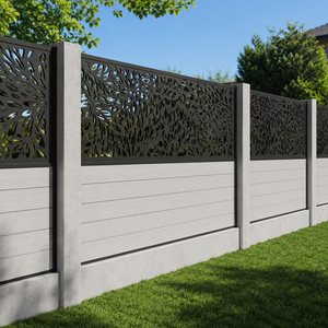 Valla Decorativa Moderna con Panel Floral Cortado con Láser, Postes de Concreto Grises, Muro de Jardín para Privacidad, Diseño para Exteriores - Product Image 3