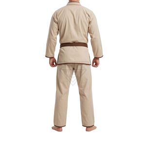 Uniforme de Karate Color Beige Caqui con Ribete de Solapa Marrón Oscuro, Uniforme de Karate Tradicional Transpirable para Entrenamiento - Product Image 2