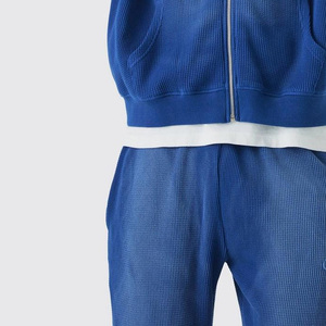 Ensemble de survêtement bleu à capuche pour hommes, sweat-shirt et pantalon à fermeture éclair, coupe ample, décontracté, couleur unie, en coton, vêtements d'automne - Product Image 5