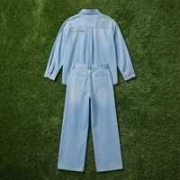 Ensemble chemise en jean bleu clair et jean à jambes larges pour femme, tenue décontractée en denim deux pièces, mode streetwear