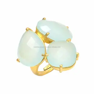 Classic Rings Jewelry 925 Sterling Silver Natural Gemstone Aqua Chalcedony Gemstone Fancy Gold Plated Ring