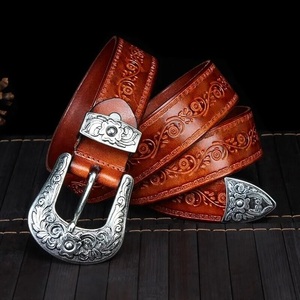 Nuevo Cinturón de Cuero Genuino Grabado con Diseño Floral Western para Hombre con Hebilla de Latón, Logotipo Personalizado, Cinturón de Cuero Western de Grano Completo - Product Image 4