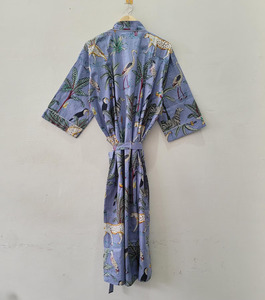 ชุดกิโมโนผ้าฝ้ายพิมพ์ลายบล็อกสีน้ำเงินลายซาฟารีป่าดงดิบสำหรับผู้หญิง งานฝีมือแบบดั้งเดิม เป็นมิตรกับสิ่งแวดล้อม ระบายอากาศได้ดี เหมาะสำหรับฤดูร้อน แขนยาว - Product Image 4