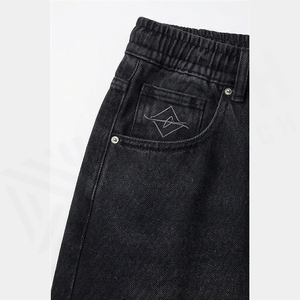 Pantalon en jean taille haute coupe large délavé foncé pour homme, en coton, décontracté, coupe ample, style automne, avec logo sur le devant et poches. - Product Image 6