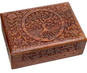 Boîte sculptée en bois faite à la main (LIFE OF TREE for Good Luck) Boîte sculptée décorative de qualité supérieure emballée avec puissance