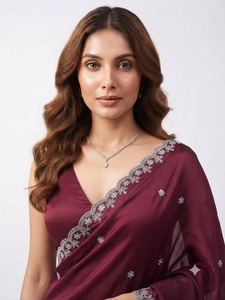 Elegant Maroon Floral Flock Printed Silk <b>Saree</b> <b>Women</b> Party Wear Regular Fit Length Wrinkle Free Quick Dry Multi-Occasion West - Product Image 2