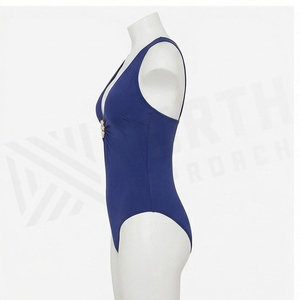 Traje de Baño de Una Pieza con Escote Profundo en V para Mujer, con Decoración de Perlas, Frente Fruncido, Color Azul Sólido, Elástico - Product Image 3