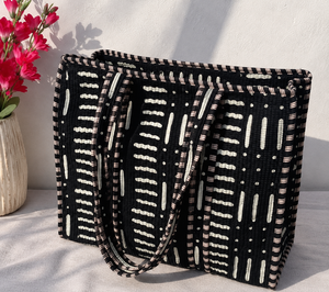 Black Solid Color Quilted Cotton <b>Vintage</b> Lightweight <b>Tote</b> <b>Bag</b> Large Shoulder Handbag Reusable Shopping Travel OEM ODM - Product Image 2