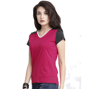 Camiseta de Manga Corta con Cuello en V y Bloques de Color para Mujer, Camiseta Informal Transpirable de Algodón de Punto para Primavera y Verano - Product Image 2