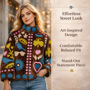 Chaqueta de terciopelo bordada a mano para mujer, estilo bohemio étnico, cuello alto, prenda exterior. - Product Image 5