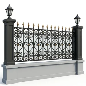Clôture extérieure classique en fer forgé avec motif décoratif en spirale et poteaux à lanterne pour usage résidentiel - Product Image 3
