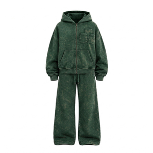 Conjunto Deportivo Unisex con Sudadera con Cierre Verde Lavado Ácido y Pantalones Anchos de Pierna Ancha, Estilo Urbano de 2 Piezas - Product Image 3