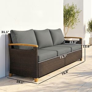 Divano da Esterno a 3 Posti in PE Wicker con Seduta Ampia e Profonda, Cuscini da 4 Pollici, Braccioli e Gambe Effetto Legno in Grigio per Impianti Sportivi e Palestre - Product Image 2