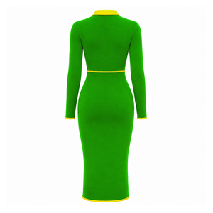 Vestido Midi Ajustado Verde para Mujer Chi Eta Phi con Cuello Polo Amarillo en Contraste, Cierre de Cremallera de Cuarto y Manga Larga, Estilo Casual - Product Image 4