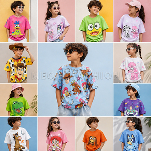 เสื้อยืดเด็กพิมพ์ลายการ์ตูนหลากสี ขายส่งจำนวนมาก ผลิตในบังกลาเทศ เสื้อยืดทรงหลวมไหล่ตก ปลอดสารพิษ จากผู้ผลิต - Product Image 1