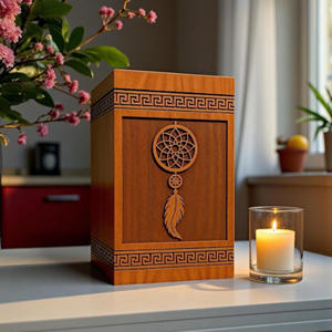 Handcrafted Rosewood Dreamcatcher Urn: Feather & Floral Engraving, Customizable <b>Memorial</b> Funeral <b>Memorial</b> <b>Keepsake</b> by AYAANS - Product Image 1