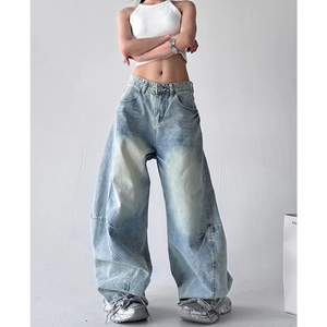 High Waisted <b>Wide</b> <b>Leg</b> Denim Pants Sand Washed Loose Fit Streetwear Style Light Blue Cotton <b>Jean</b> Pants Spring Season - Product Image 2