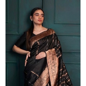 DESIGNER BANARASI SOIE ZARI TISSAGE TRAVAIL SAREE avec BLOUSE NON COUCHÉE NOIR PARTY WEAR DESIGN MODERNE ETHNIQUE - Product Image 1