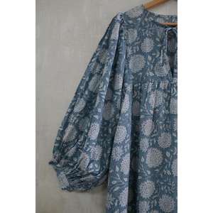 Vestido Maxi Formal de Algodón con Estampado de Bloques, Cuello en V y Mangas Abullonadas para Mujer, Hecho a Mano, Ligero, para Fiestas de Verano - Product Image 2