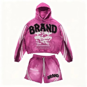 Custom Streetwear Rhinestone Acid Wash Tracksuit Embroidery Sweatsuit Vintage <b>Hoodies</b> and Shorts Set for Men - Product Image 4