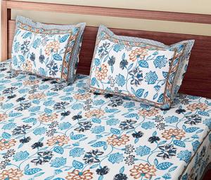 Drap de lit double en coton pur imprimé floral avec housses d'oreiller, bordure turquoise, textile de maison indien - Product Image 2
