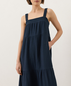 Women Girls Navy Blue Organic Cotton Floor-Length Strappy Tiered Maxi <b>Dress</b> <b>Loose</b> Fit Casual Summer Style Open Back Maxi <b>Dress</b> - Product Image 4