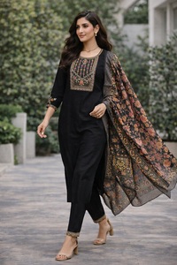 High on Demand Women's <b>Black</b> Kurti Set 3/4 Sleve Cotton Silk Full Stitched for Regular and Festive Occasions - Product Image 2